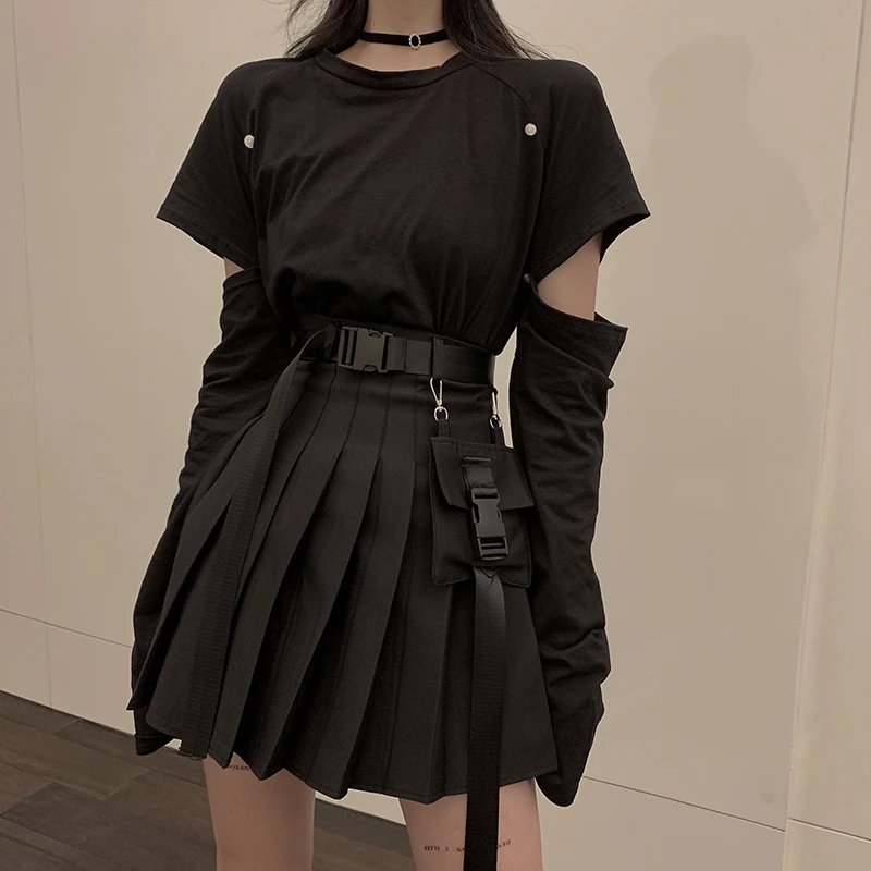 

Black Set A-line Women Sexy Mini High Waist Skirt Streetwear Women Punk Style Side Pocket Fashion Design Pleated Skirt