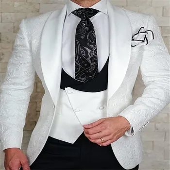 

New Design Fashion White Ivory Jacquard Men Suits For Wedding Formal Tuxedos Groom Evening Party Prom Blazer Jacket Black Pants