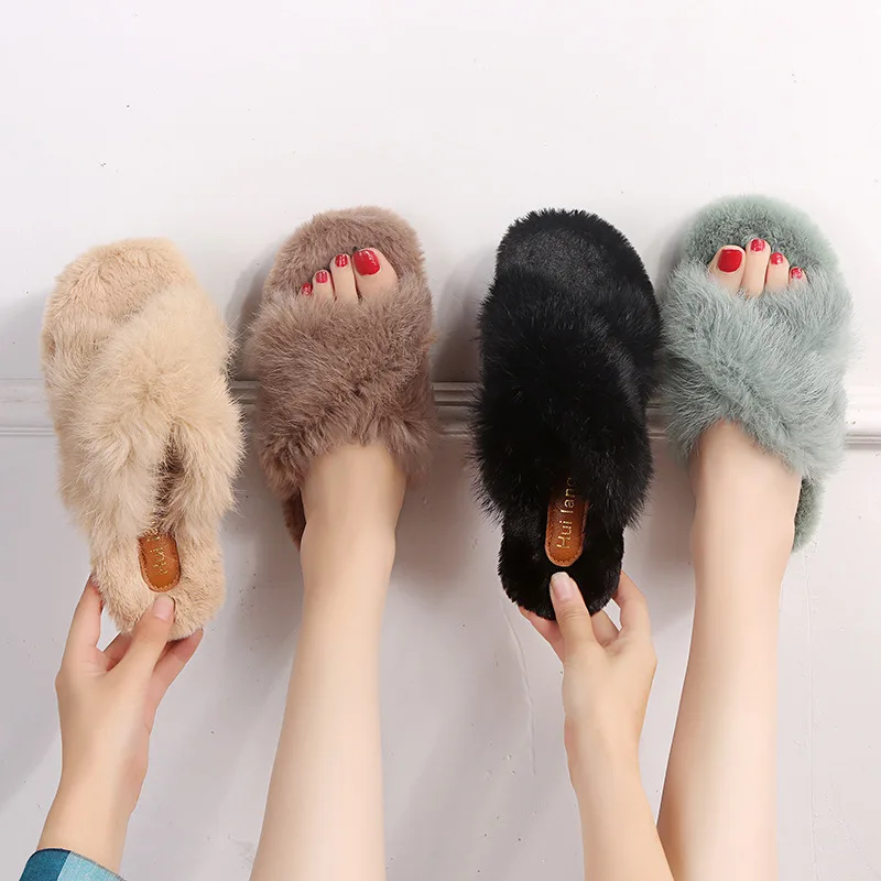 

Autumn And Winter New Hair Wool Slippers Women's 2019 Korean-style Flat Anti-slip Household Outer Wear Rabbit Fur Drag Versitile