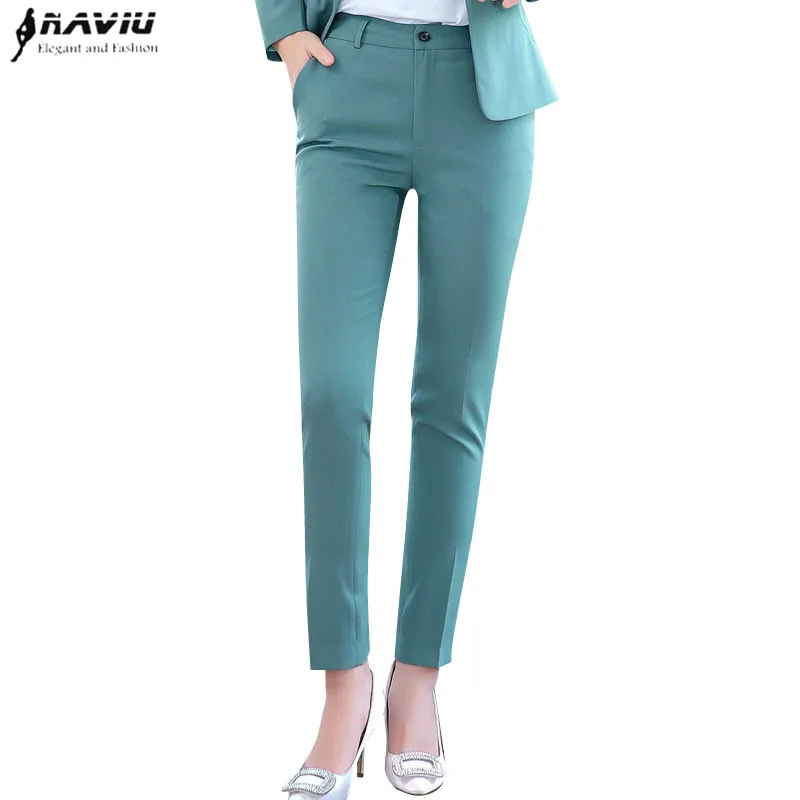 Naviu New Fashion Light Green Anklelength Cargo Pants Office Ladies Slim Mid Waist Pencil