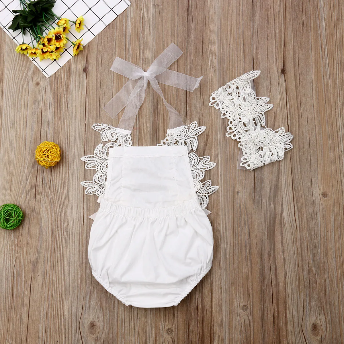 Летняя одежда для малышей одежда с цветочным рисунком для новорожденных девочек кружевной комбинезон повязка на голову с короной комплект из 2 предметов, однотонные белые наряды