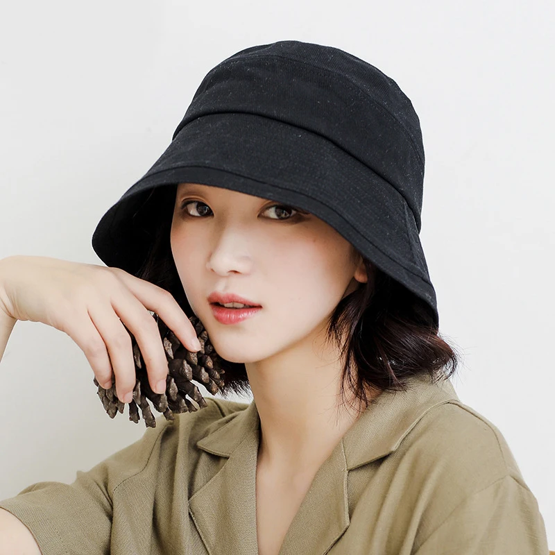 

HT2986 2020 New Fashion Women Spring Summer Hat Solid Plain Cotton Bucket Hat Panama Men Fishing Cap Packable Anti-UV Sun Hat