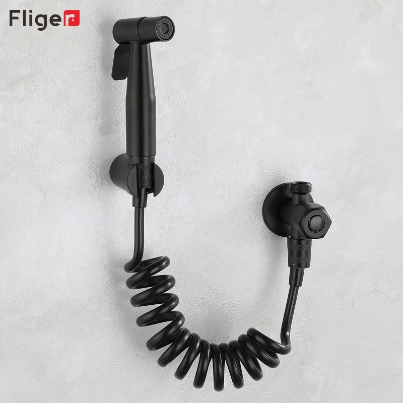 

Fliger Black Handheld Bidet Sprayer for Toilet Stainless Steel Toilet Bidet Faucet Shattaf Valve Jet Set Hygienic Shower for Ass