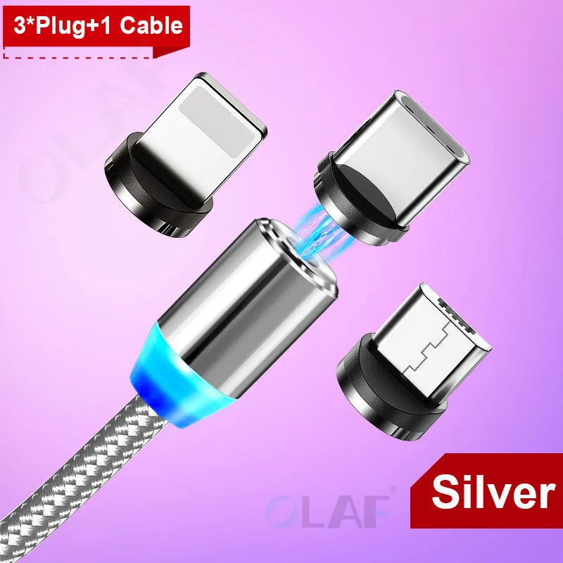 Магнитный usb-кабель Олаф для быстрой зарядки, кабель Micro USB type C, Магнитный зарядный кабель для мобильного телефона, usb шнур для iPhone X 7 samsung - Цвет: 3Plug 1Cable Silver