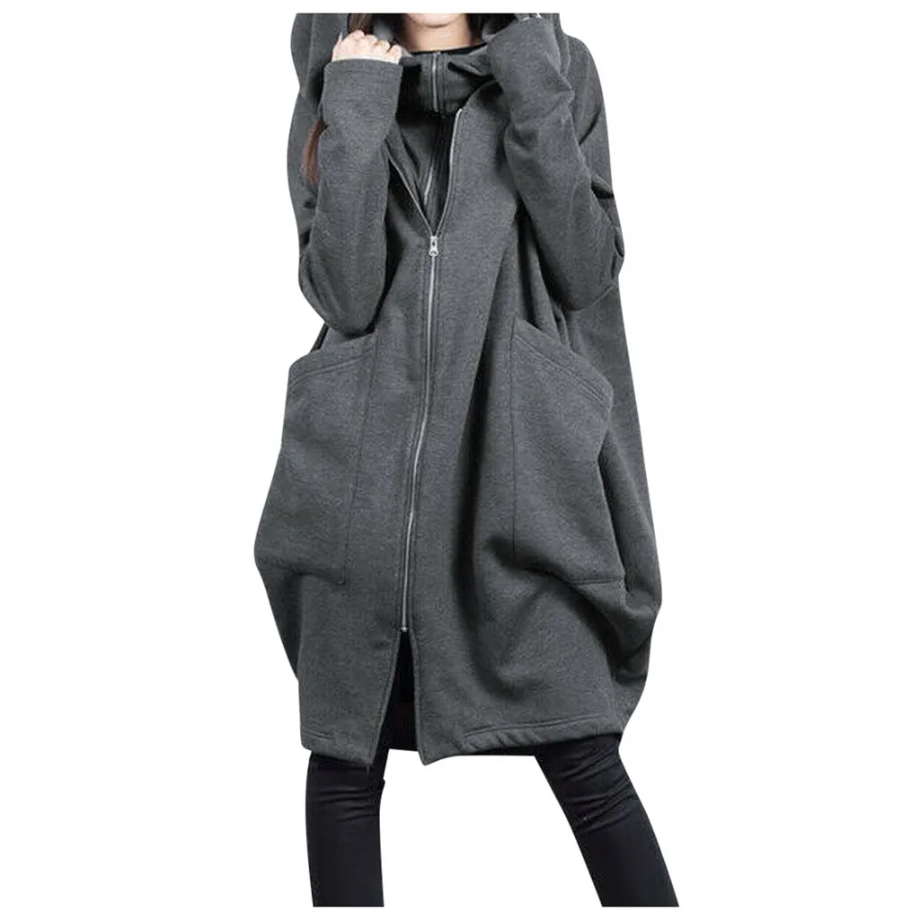 Oversized Women Hoodies Solid Full Zip Big Pocket Mid-length Sweatshirt Coat Autumn Winter Loose Hooded Jacket Sudaderas 2