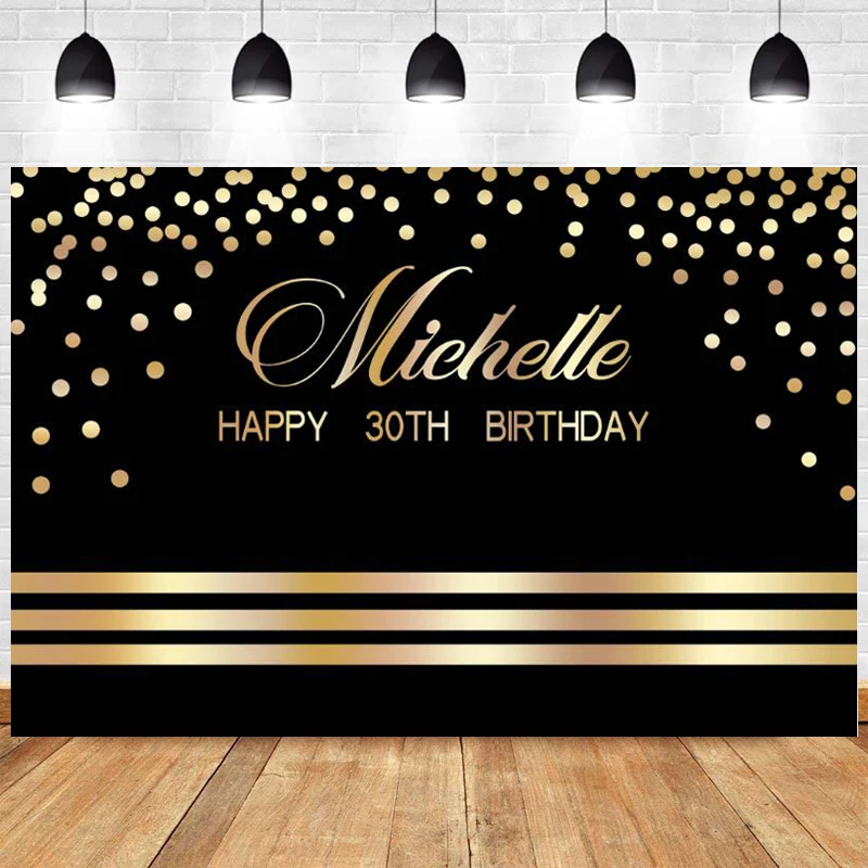 

Customized Black Gold Dots Happy Birthday Photo Backdrop Stripe Party Audlt Photography Background Banner Prop Decoration