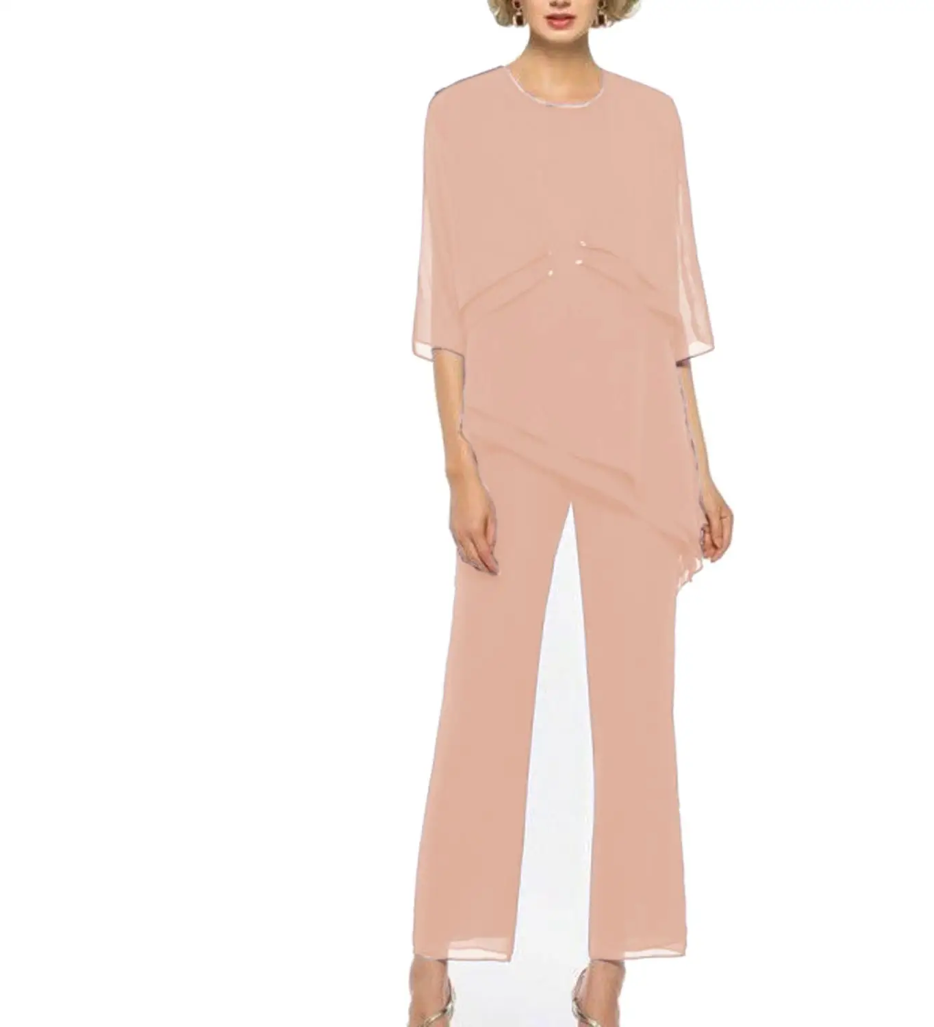 Blush Комплект из 3 предметов; модное многослойное шифоновое платье для матери невесты с кристаллами и фиолетовыми шифоновыми брюками; костюм с курткой; наряд с короткими рукавами для свадьбы - Цвет: Blush
