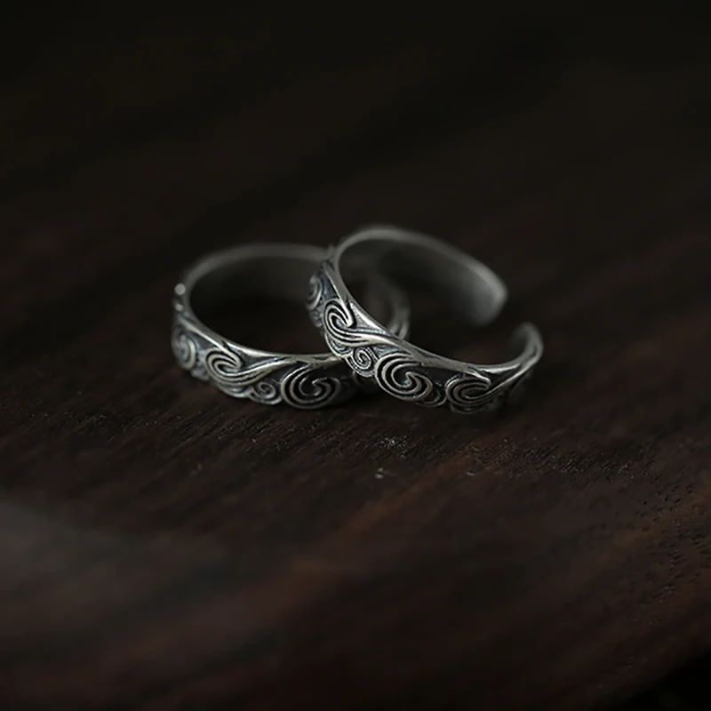 Chinese Ethnic Style Retro Auspicious Wave Cloud Finger Silver Color Resizable Rings For Women Vintage Retro Jewelry
