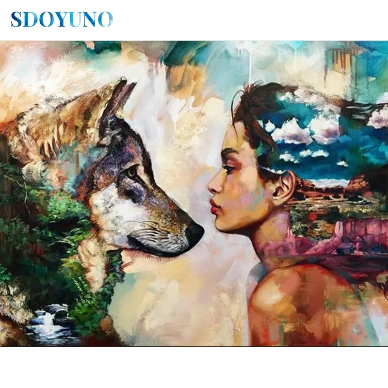 

SDOYUNO 5d DIY Diamond Painting Full square/round Mosaic Diamond embroidery Women and Wolf Home Decor Rhinestone Pictures
