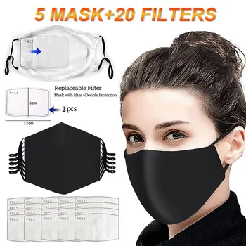 

5pc Adult Face Mask With 20pc Activated Carbon Filter Cotton Masque En Tissu Lavable Elastic Earloop Reusable Masks With Design