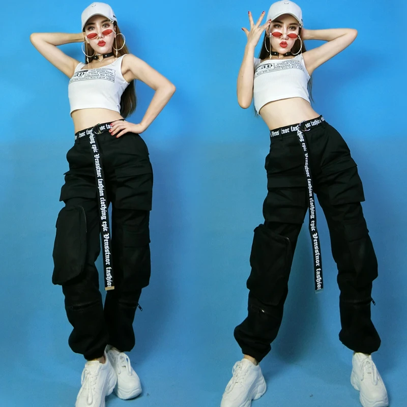 Disfraz de Hip Hop para mujer, pantalones de herramientas de bolsillo negro, ropa de callejero, ropa de actuación de Jazz, traje de escenario para adultos DNV12159|Salón de baile| - AliExpress