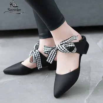 

Sgesvier 2020 Summer Plaid Bow Women's Sandals New Pointed Toe Ladies Sandals Low Heel Thick Heels Slides Woman Shoes B439