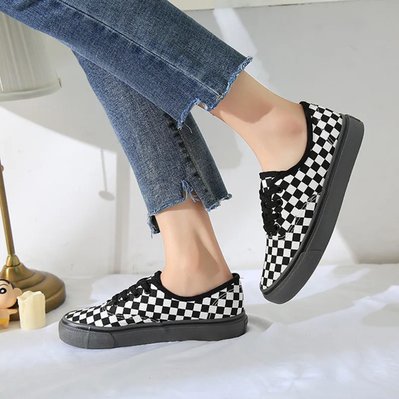 Checked Canvas Vulcanized Shoes For Both Men And Women Casual Loafers With No Lacing At One Stepulzzang Freeshipping Sale