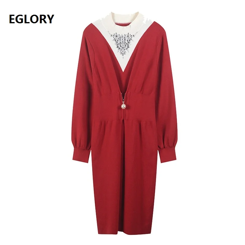 ^Cheap High Quality Sweater Dress 2020 Spring Autumn Soft Knitwear Women Crystal Beading Long Sleeve Black Red Knitted Dress Female ^Cheap High Quality Sweater Dress 2020 Spring Autumn Soft Knitwear Women Crystal Beading Long Sleeve Black Red Knitted Dress Female