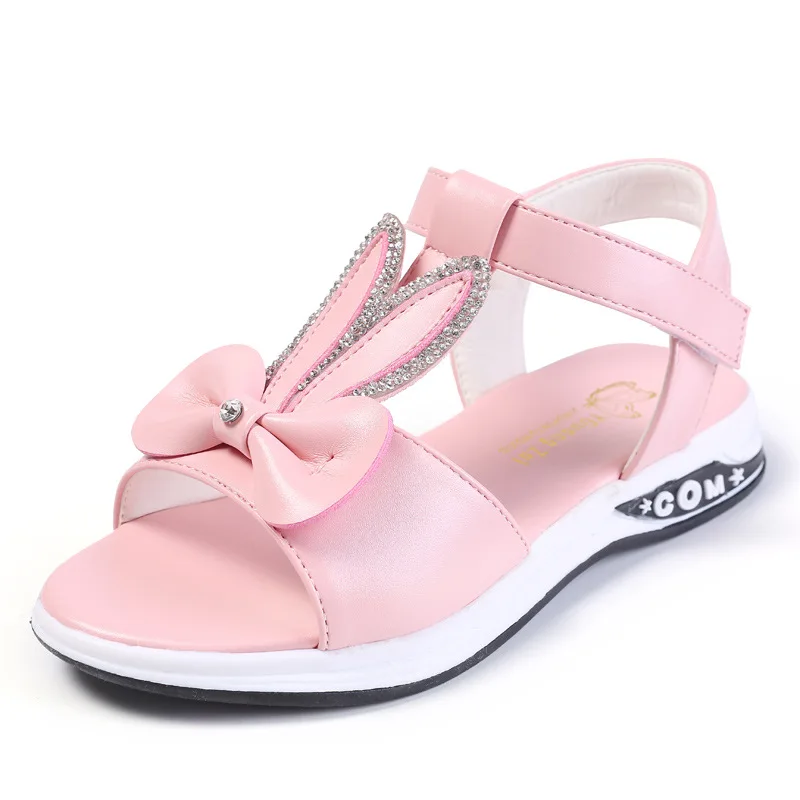 2019 Children Girl Summer Sandals Fashion Pink Bunny Ears Crystal Kid Baby Princess Shoes Soft Bottom Non-slip Beach Sandals