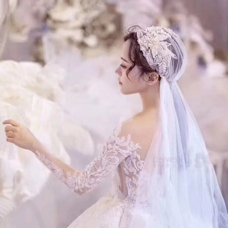 Mingli Tengda Cappello Da Sposa Fata Single-Layer Velo Da Sposa Velo Testa Lane E Filati Semplice Breve Fotografia Di Viaggio Testa Sluier Velo Sposa