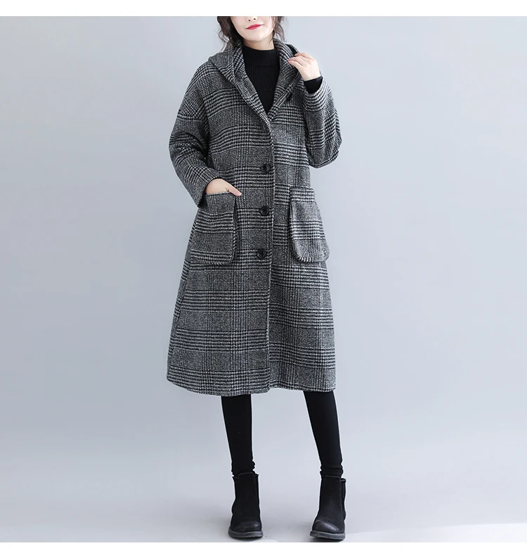 Винтажное клетчатое шерстяное пальто для женщин, плюс размер, плотное бархатное пальто, кардиган, ветровка, Корейская верхняя одежда с капюшоном, Cortaviento Mujer 4XL