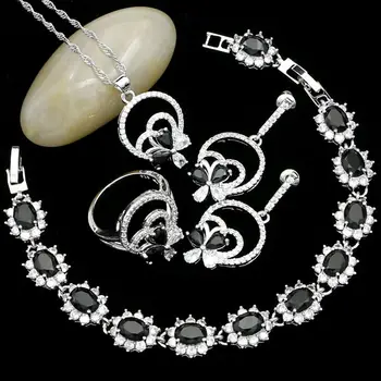 

925 Sterling Silver Jewelry Sets For Women Party Accessories Black Cubic Zirconia Earrings/Pendant/Necklace/Ring/Bracelet Set