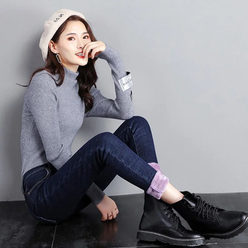 New Women Pants Fleece Lined Slim Fit Pencil Pants Winter Warm Jeans Trousers Female Velvet Warm Jeans - Цвет: Dark Blue