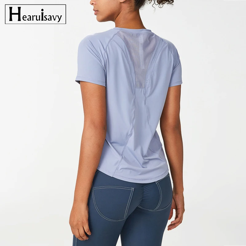Yoga Top Nude Mesh Breathable Yoga Short Sleeve Fitness Sports Top Quick Dry T-Shirts Running Training Push Up Top Women Gym Wear S-XL