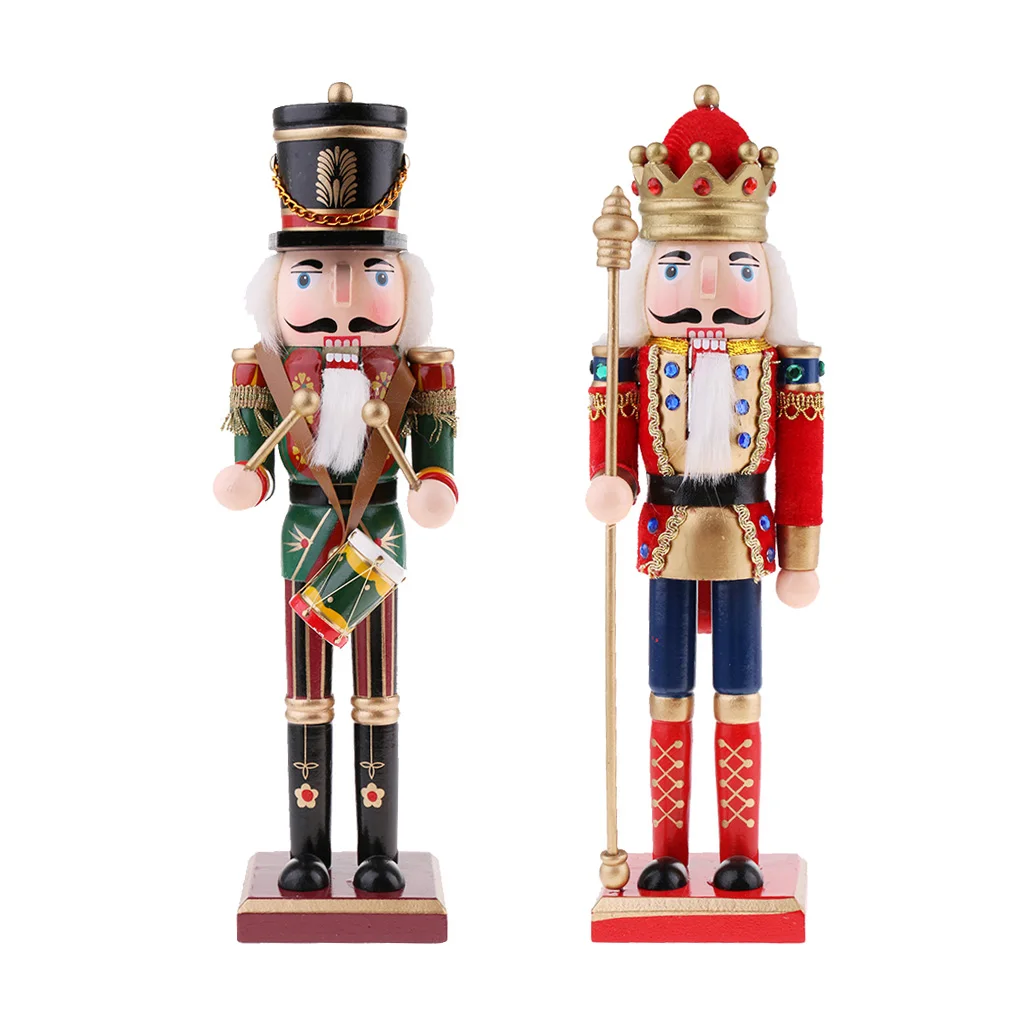2 Pieces/Lot 30cm Hand Painted Wooden Nutcracker King Drummer Solider Figurine Puppet Doll Toy Birthday Gift Home Desk Decor