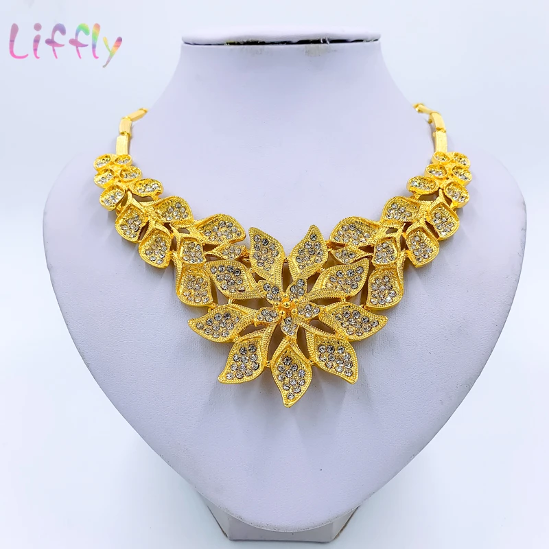 Liffly Dubai Gold Fashion Bridal Wedding Earrings Ring Jewelry Sets Indian Jewelry Set Bracelet for Women African Necklace - Image 2