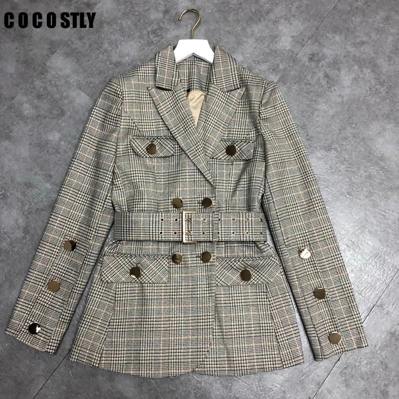 plaid jacket Элегантный клетчатый Блейзер Женский Зубчатый воротник комбинезон для новорожденных с длинными рукавами двубортные пальто женский офисный костюм для дам куртка одежда - Цвет: plaid jacket