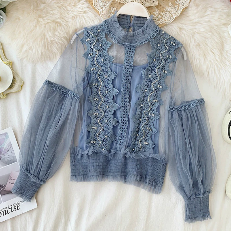 Новинка женская блузка прозрачная сетчатая с бисером вязаный крючком пуловер