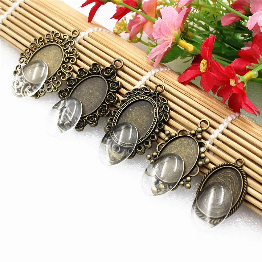 

Fit 18*25mm Bronze Mixed Frame bezel Settings Tray blank With Clear Glass Cabochons for DIY Accessory Making 5 sets/lot K06161