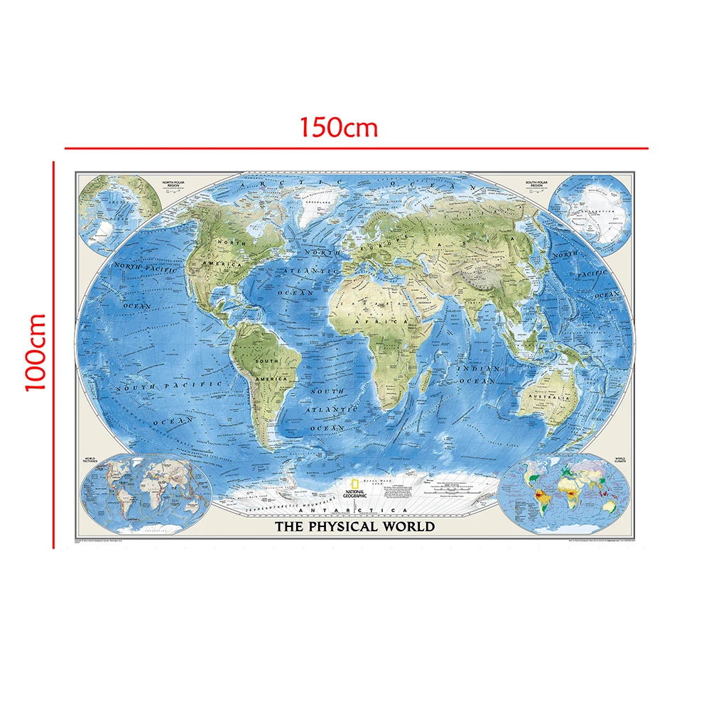 150x100 см физическая карта мира Нетканая складная карта мира без национального флага для культуры и образования