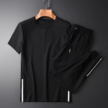 

New Summer Men Sets (T-SHIRT+PANT) Luxury Ventilate Casual Short Sleeve Man Sets Plus Size 4XL Elastic Waist Pants Mens Sets