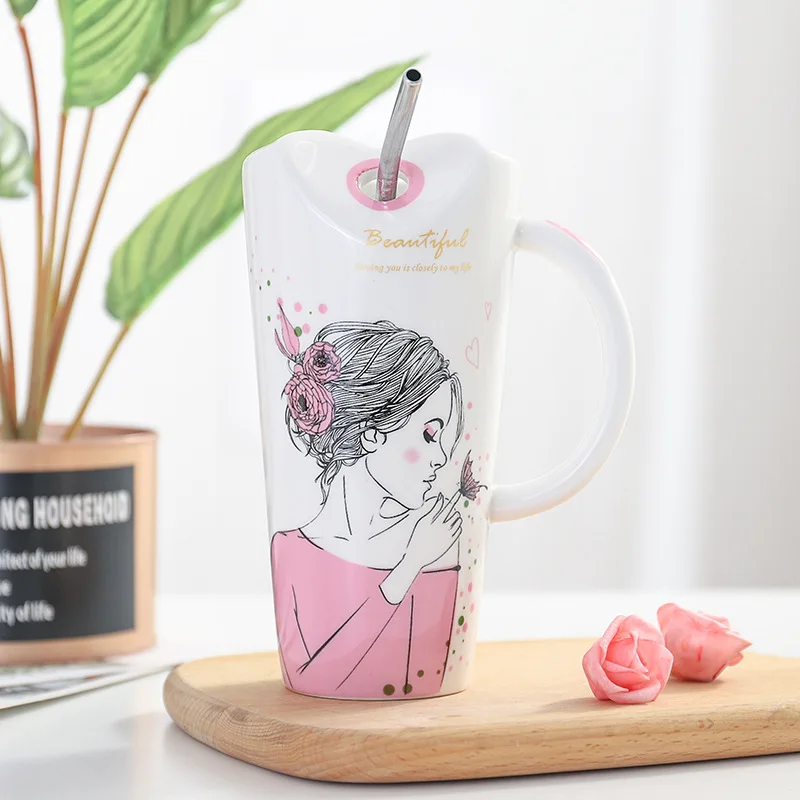 Cute Girl Ceramic Cup 450ml Porcelain Coffee Mug with Straw Women Home Milk  Tea Juice Cups Birthday Gift