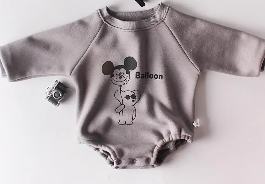 Ins Thickening Jumpsuits New Boys And Girls Rompers Bear Bottom-up Baby Long-sleeve Linkage Climbing Suit With Fur - Цвет: Gray