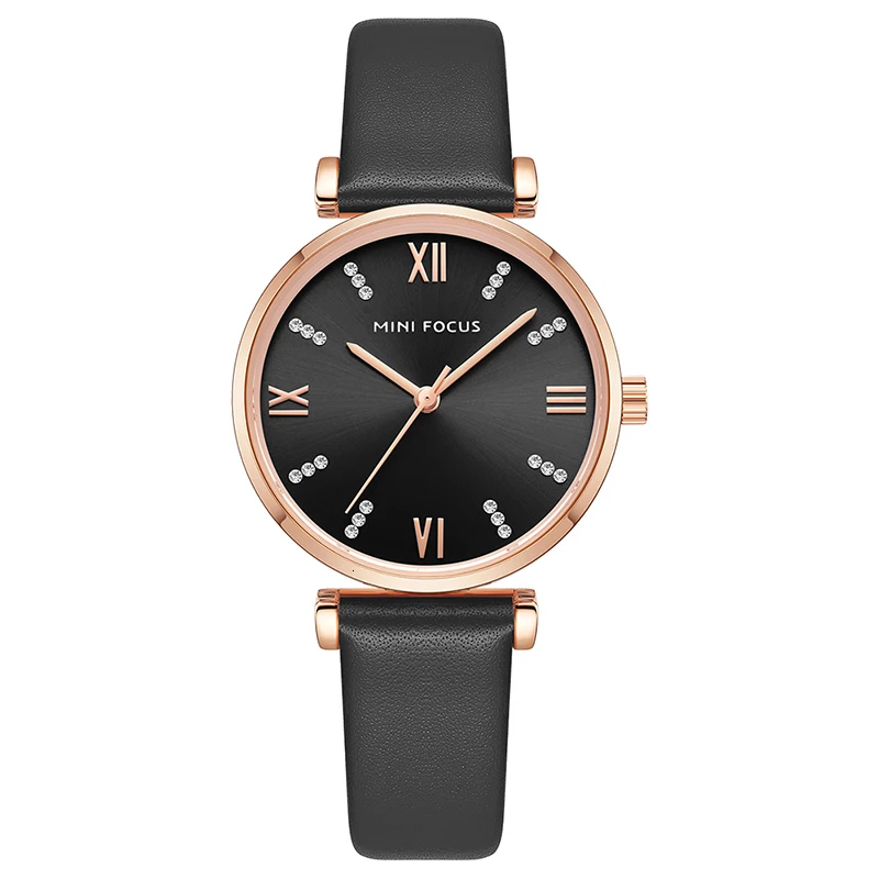 MINIFOCUS женские часы Топ бренд класса люкс синие часы женские Модные Аналоговые Кварцевые женские золотые часы наручные часы из нержавеющей стали - Color: Black leather