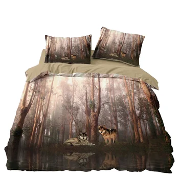 

Wolf Animal Bedding Set Bedroom Decor Doona Quilt Cover Hypoallergenic Forest Lake Background 1PC Duvet Cover with Pillowcase