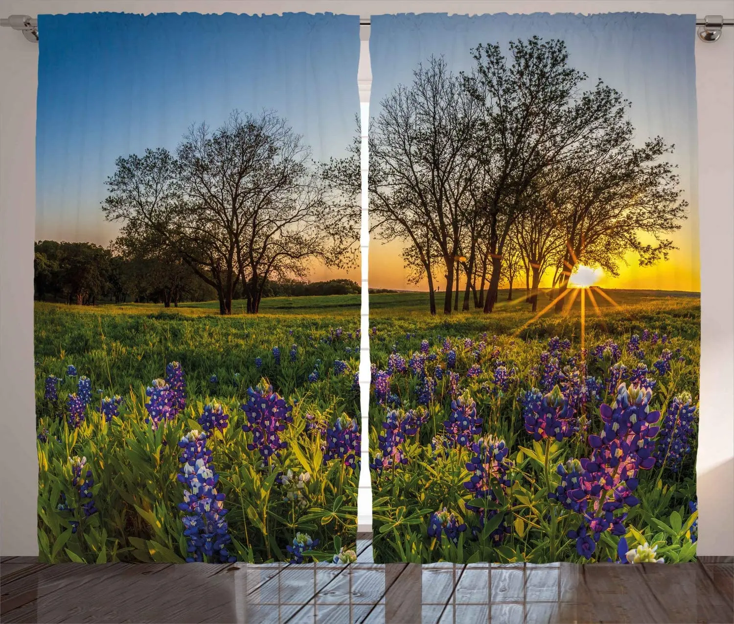 Nature Curtains Country Scenery with Lavender Meadow at Sunset Spring