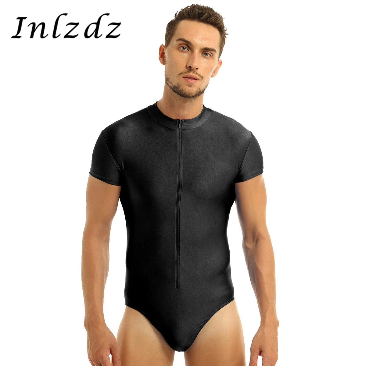 inlzdz Mens One Piece High Cut Thong Leotard Gymnastics Bodysuit