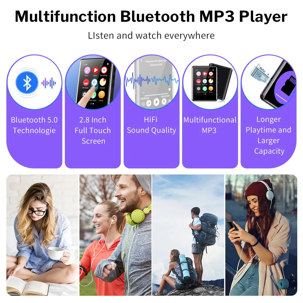 Deelife MP3 Player Bluetooth 5.0 Touch Screen Music Play Built-in Speaker 16GB Support FM Radio Recording Pedometer MP 3 zune mp3