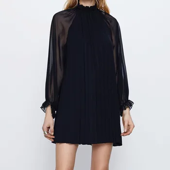 

Fashion ZA Summer Dress Women 2020 See Through Long Sleeve Turtleneck Back Opening Female Elegant Pleated Mini Dresses Vestidos