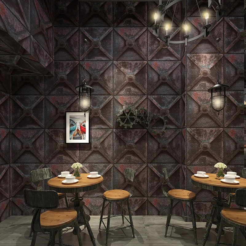 ヴィンテージ金属壁紙-3-d-業界幾何防水-pvc-コンタクト紙パーソナライズバーレストランの背景壁
