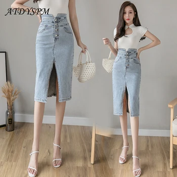 

High-waist breasted denim skirts for women fashion split midi skirt ladies casual slim streetwear jeans skirts pencil skirt