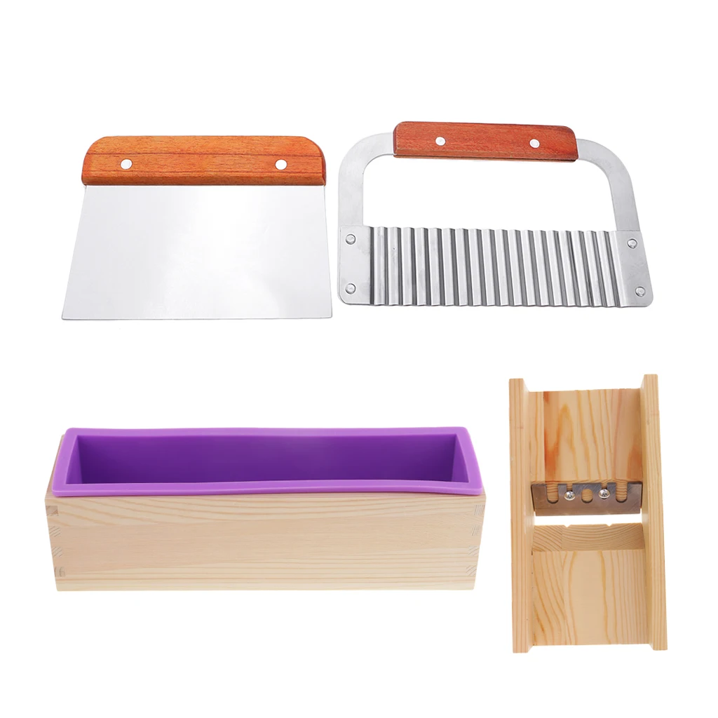 4pcs Soap Cutting Making Molds Kit, Rectangle Silicone Mold+Wood Box+1Pcs Wooden Beveler Planer+2x Mixed Stainless Steel Cutter