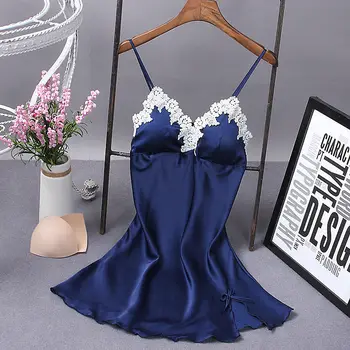 

Sexy Sleepwear V-Neck Lace Night Dress Lingerie Women Silk Nightgown Sleeveless Nightwear Home Dress