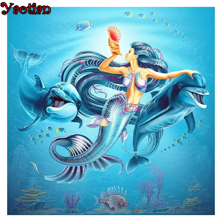 DIY Diamond Painting Mermaid Dolphin Full Square Mosaic Embroidery Sale 5d Picture Of Rhinestones For Festival Gifts | Дом и сад