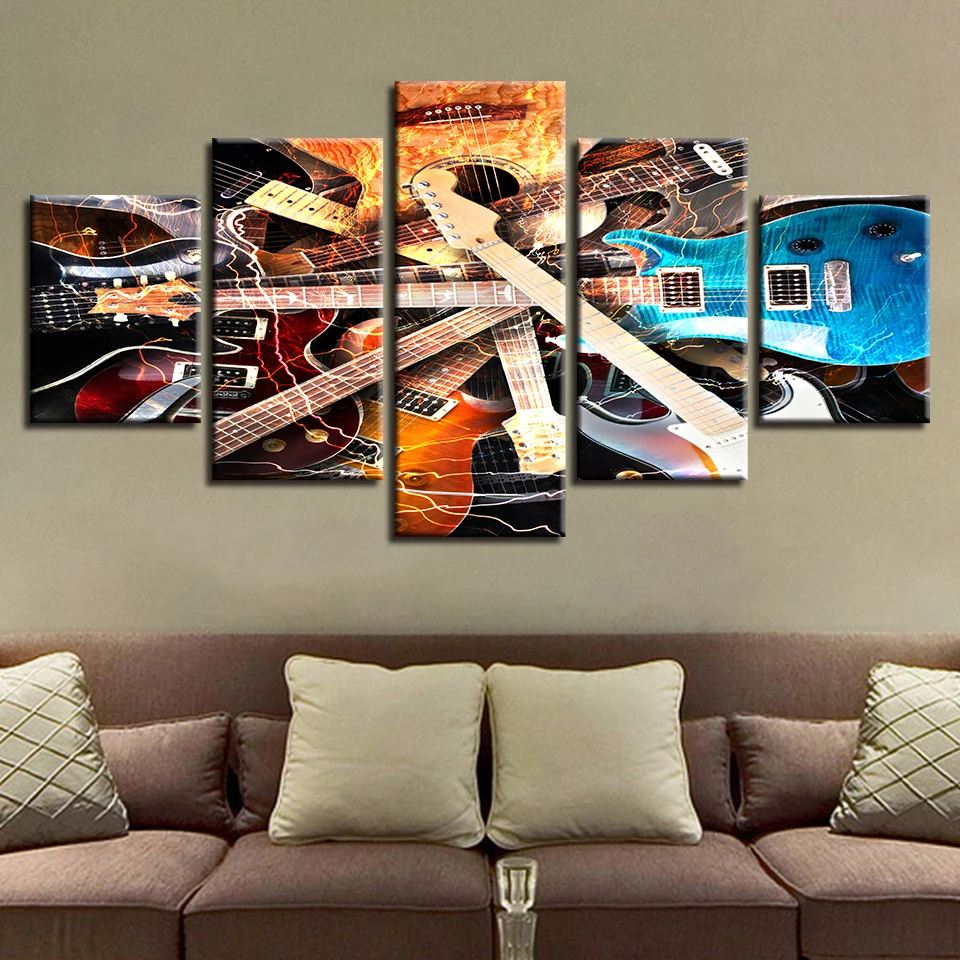 

HD Frame Painting Home Decor Poster Modern Wall Art 5 Panel Musical Instruments Guitar Living Room Printed Canvas Pictures