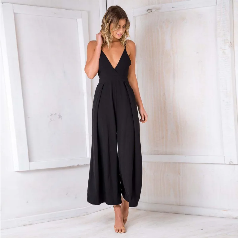 

2019 Summer Solid Color Backless Sling Bow V-neck Long Waist Hugging Holiday Wide Leg Jumpsuit
