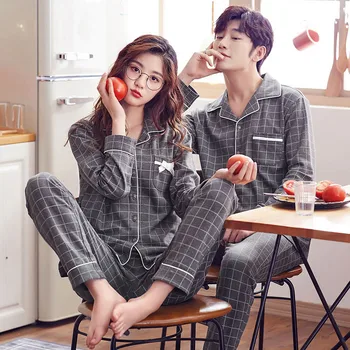 

New Unisex Adult Couple Pajamas Plaid Print Cotton Sleepwear 2 Pcs Pajamas Set Cardigan Long Sleeve Casual Women's Home Clothes