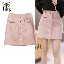 Tingfly, Женская Вельветовая Весенняя юбка, высокая талия, на молнии, офисные короткие юбки, на пуговицах, Женская Повседневная Уличная одежда, прямые мини-юбки