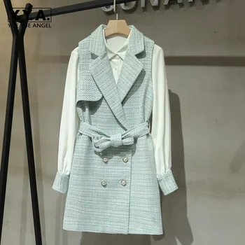 

Patchwork Long Sleeve Shirts Dresses Double Breasted Sashes Sleeveless Waistcoats Womens Autumn Elegant Two Pices Dress Outfits