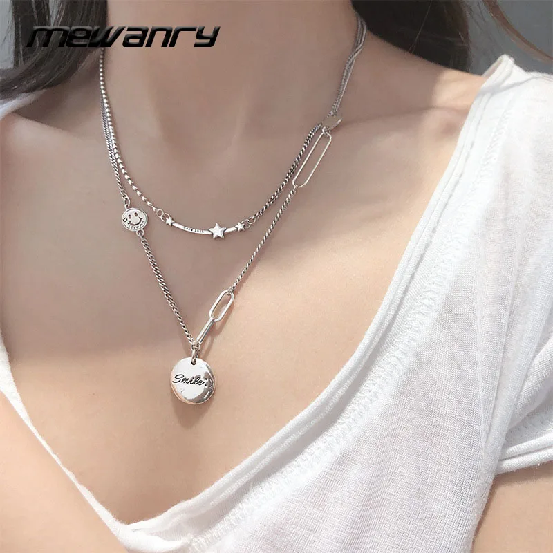 Mewanry 925 Sterling Silver Necklace for Women Star Smiley New Fashion Creative Design Party Thai Silver Jewelry Birthday Gifts